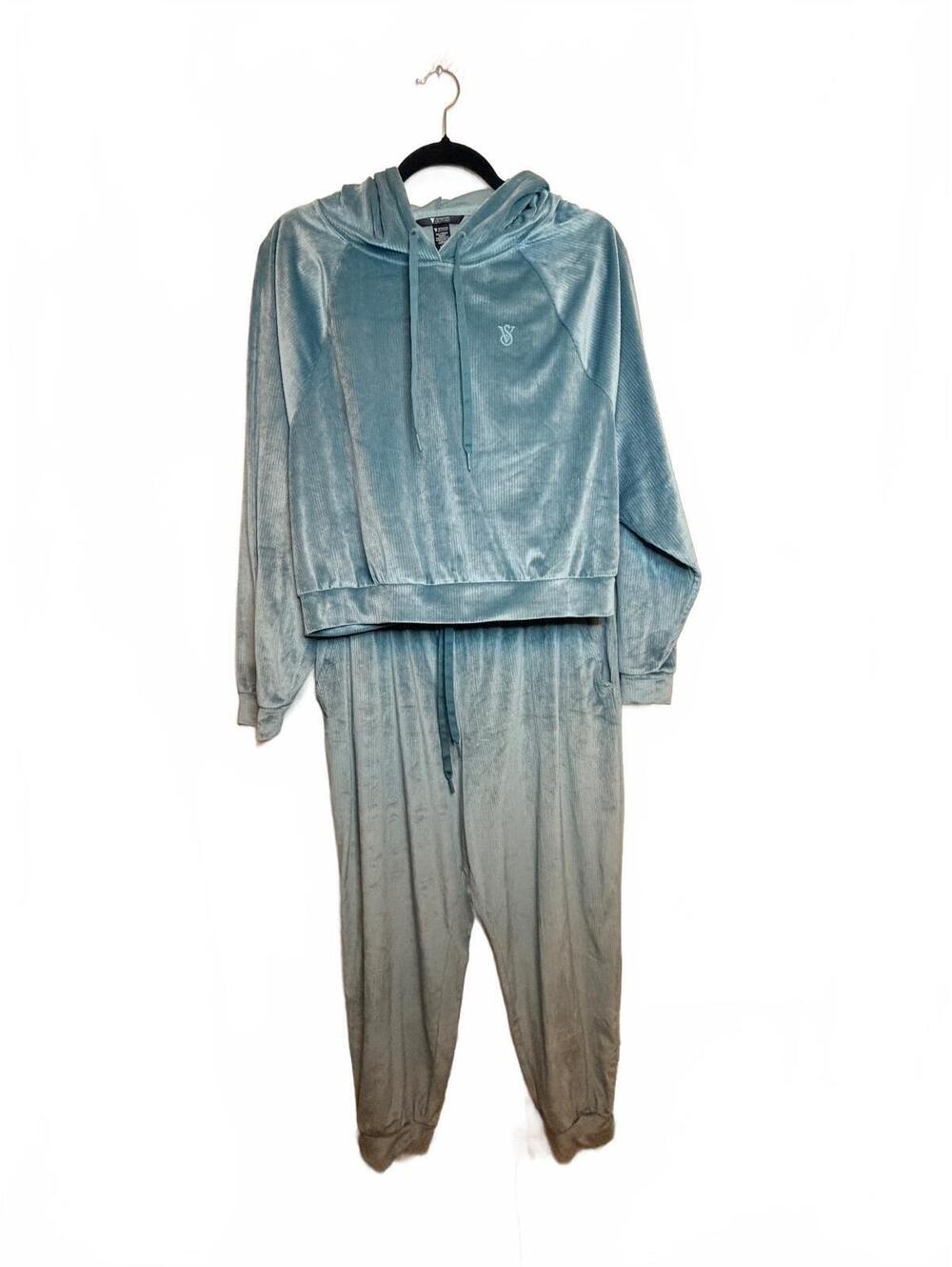 Victoria’s Secret Velour Hoodie & Jogger Set Blue Ribbed Loungewear 2pc Large